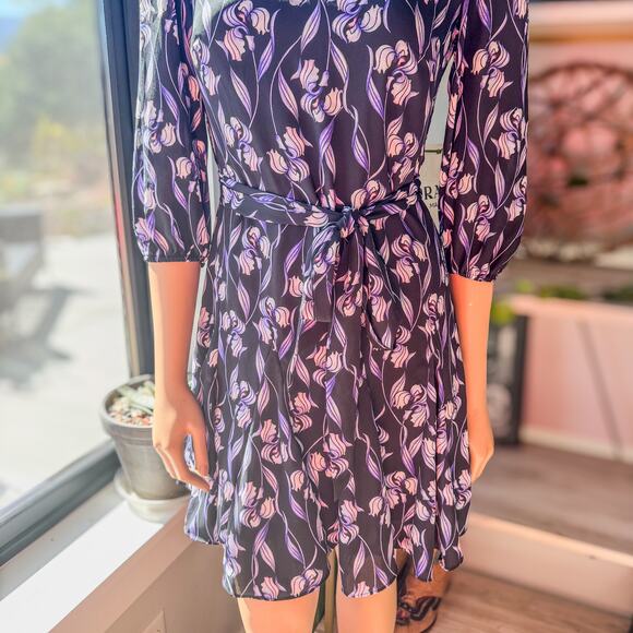 White House Black Market, Purple & Black Iris Floral Dress Tie Waist Women’s 00 - Picture 8 of 11